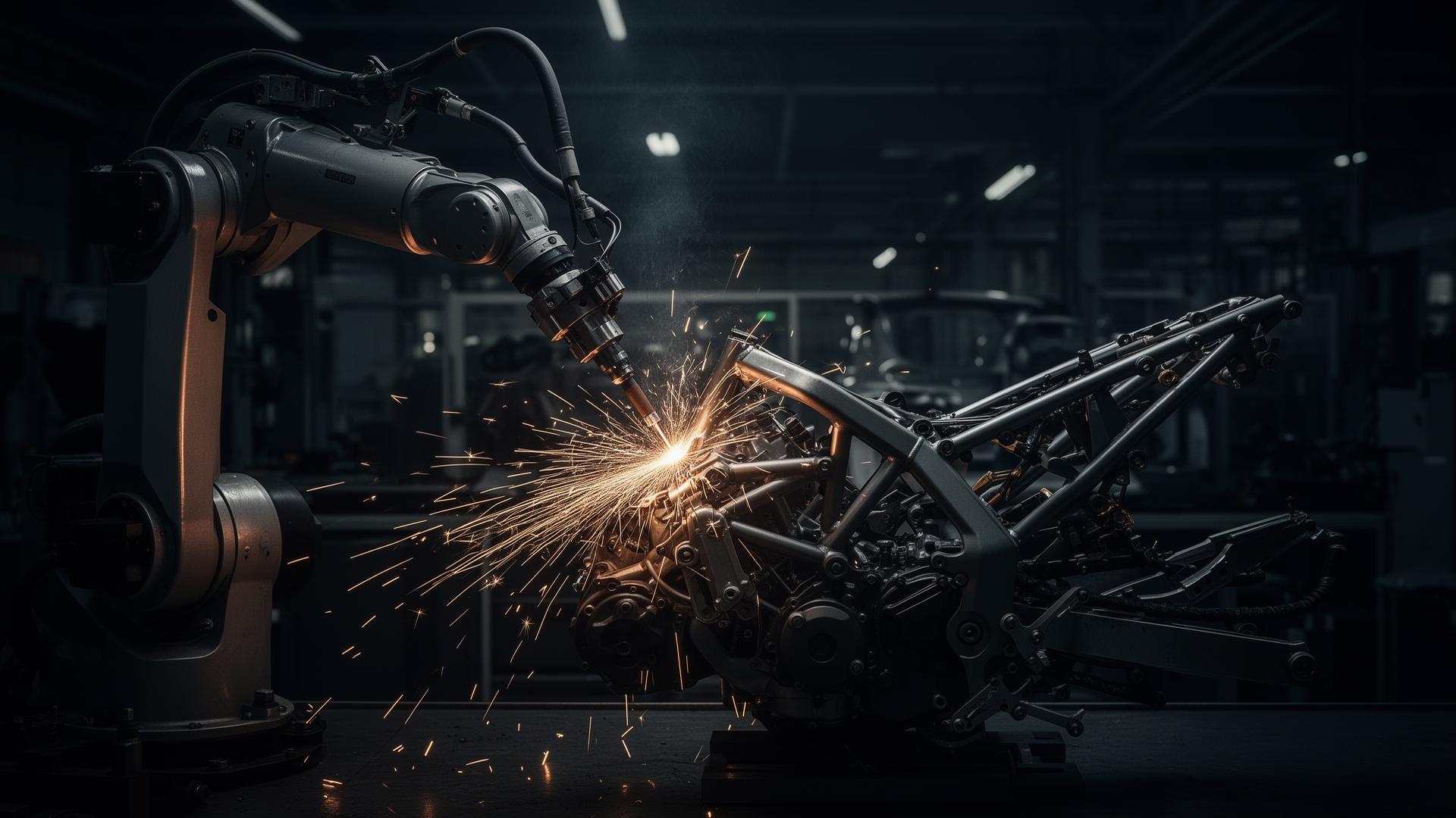 Robotic welding arm building a precision chassis frame